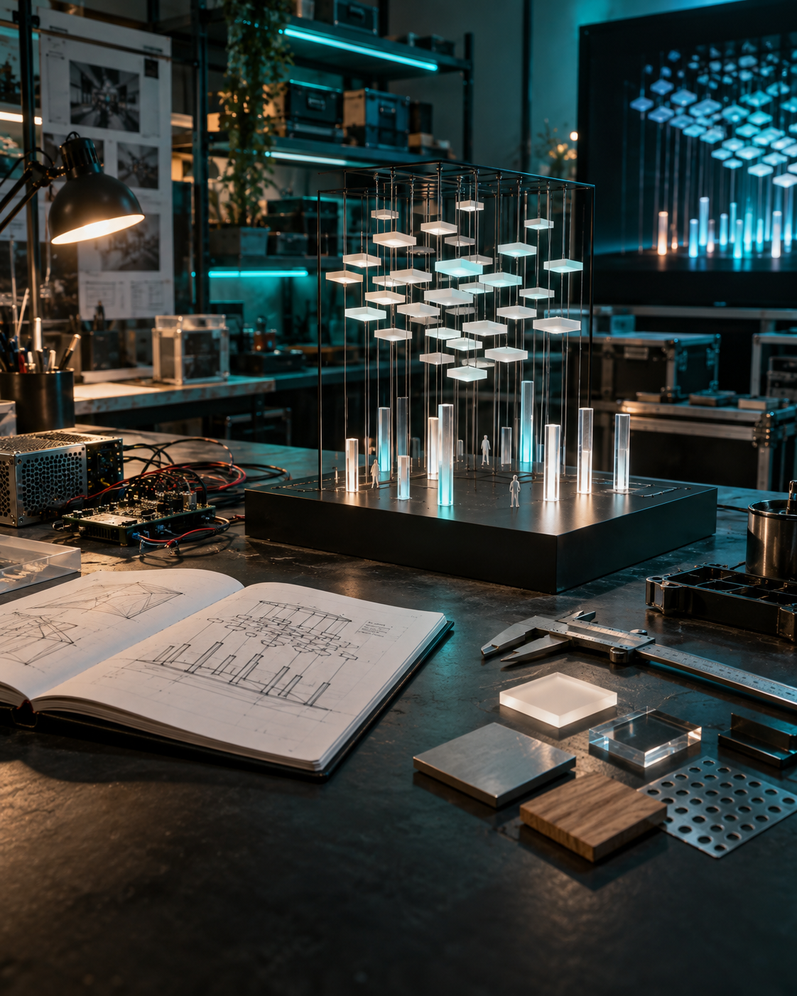 A creative engineering workspace with an immersive installation prototype