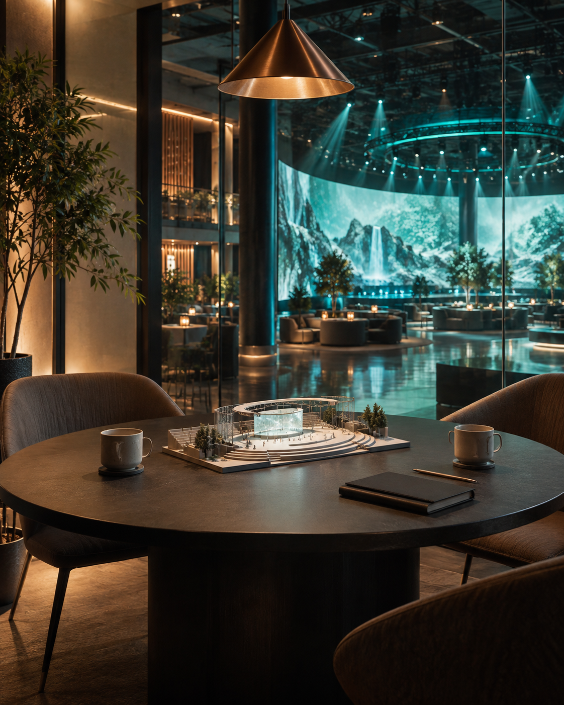 A welcoming meeting space overlooking an immersive event environment